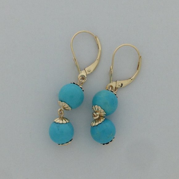 Turquoise Dangle Earrings Solid 14kt Yellow Gold